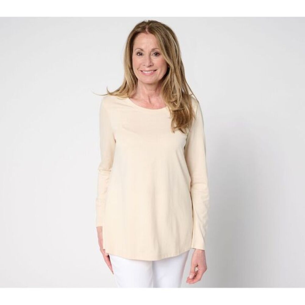 LOGO by Lori Goldstein Cream Long Sleeve Scoop Neck Top